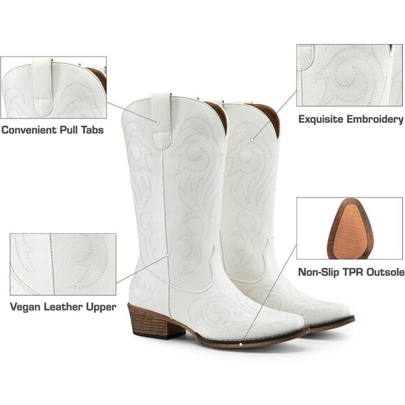 Dream Pairs Women's White Mid Calf Cowgirl Boots Square Toe Chunky Heel Shoes - Picture 5 of 8